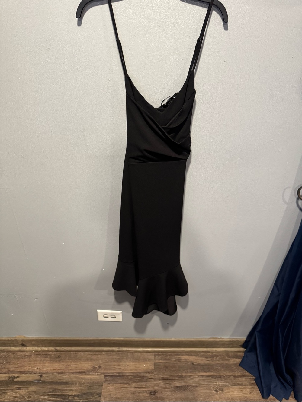 bebe Black Spaghetti-Strap Midi Dress with Flounce Hem